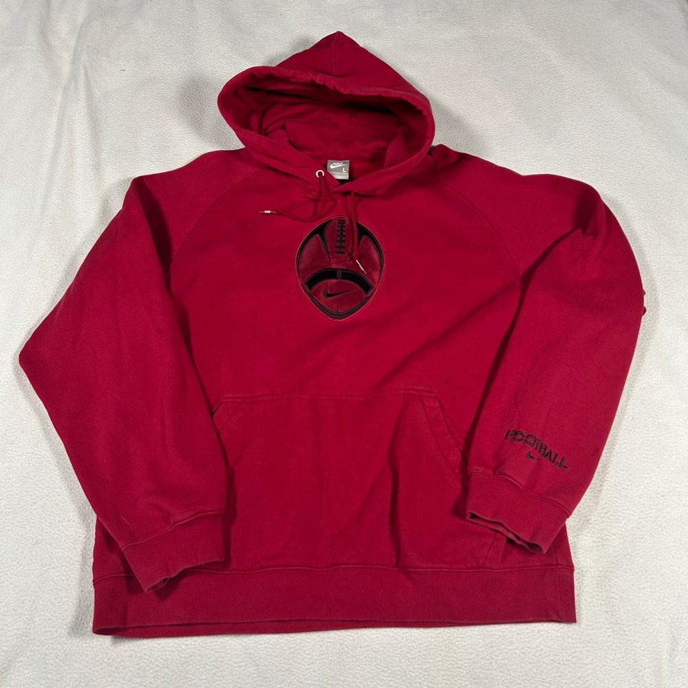 VTG 90s Nike Hoodie Mens L Red Football Stitched Y2K Embroidered Raglan Pullover